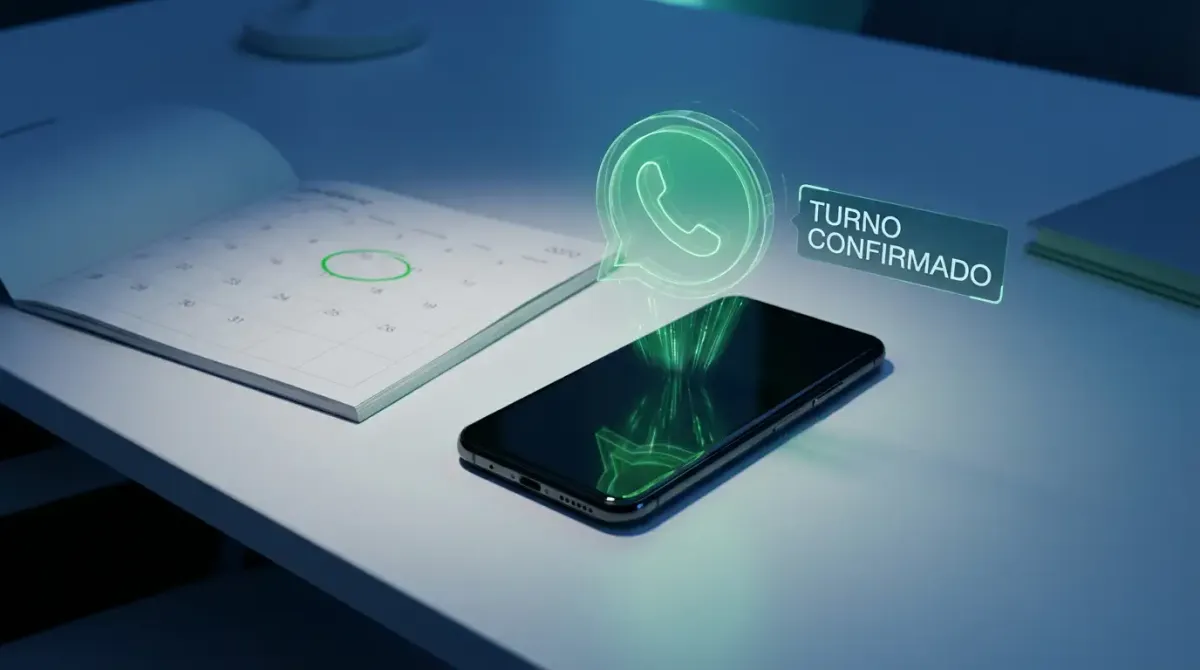 Smartphone proyectando holograma de WhatsApp confirmando turno médico, tecnología futura en salud