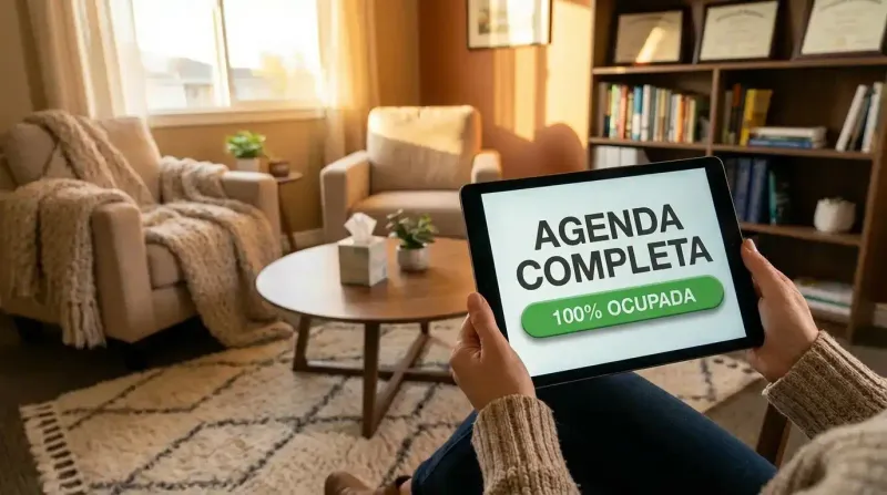 Marketing para psicólogos: Tablet mostrando agenda completa de pacientes particulares en consultorio.