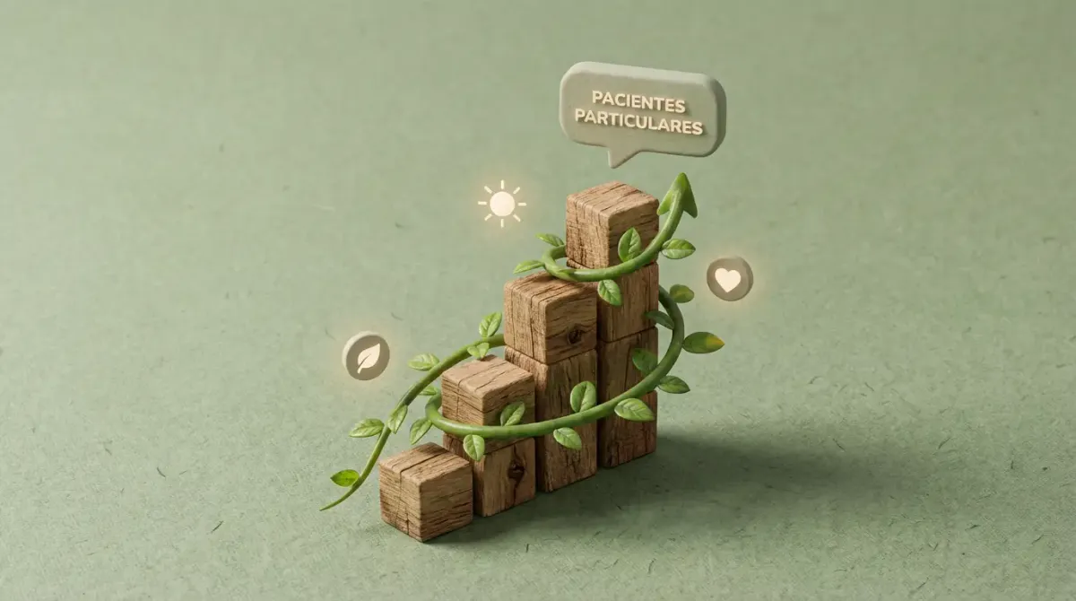 Gráfico 3D de crecimiento de pacientes particulares y estrategias de marketing digital para psicólogos.