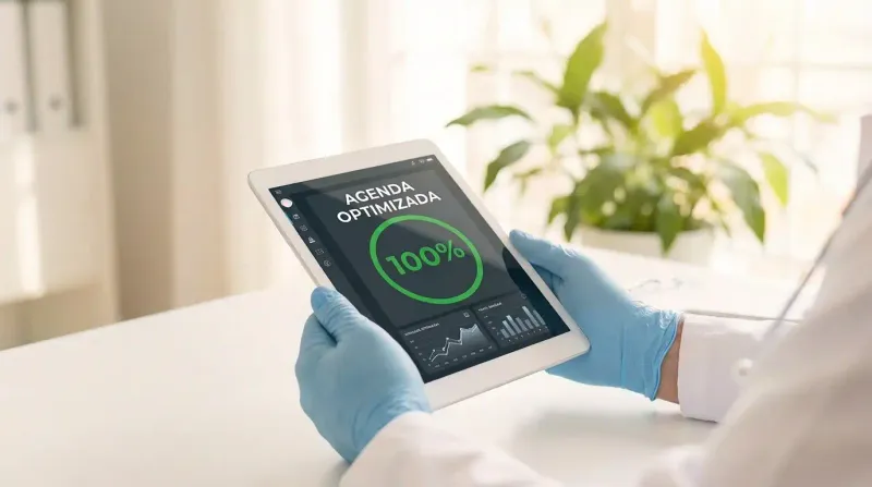 Tablet médica mostrando agenda optimizada al 100%, gestión eficiente para clínicas en Argentina